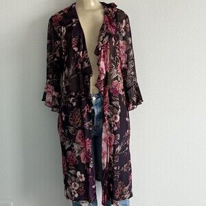 Joie de Vivre Mesh Duster Cardigan M Plum Floral Boho Ruffle Bell Sleeve Kimono